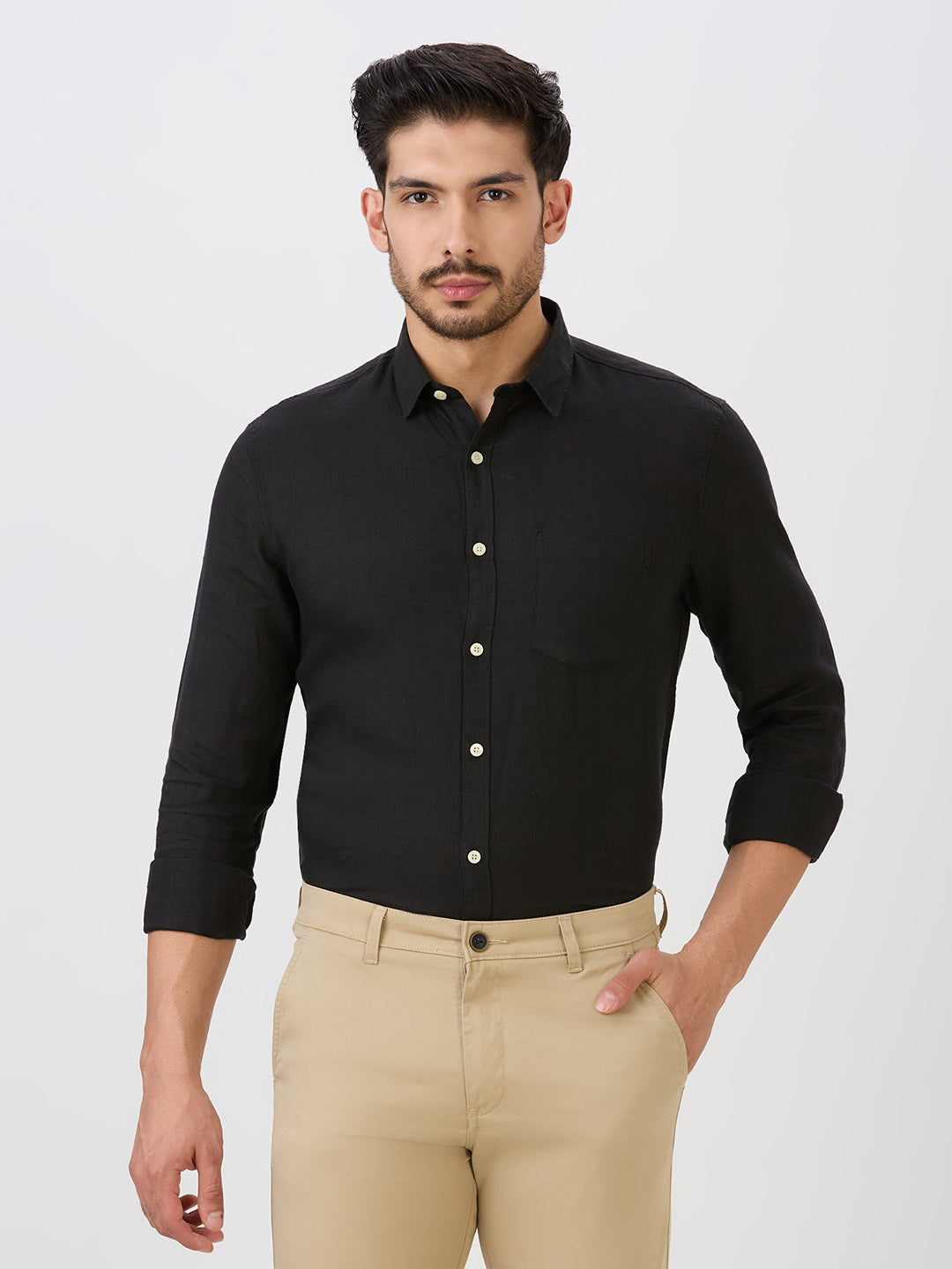 Black Slim Fit Premium Linen Solid Shirt