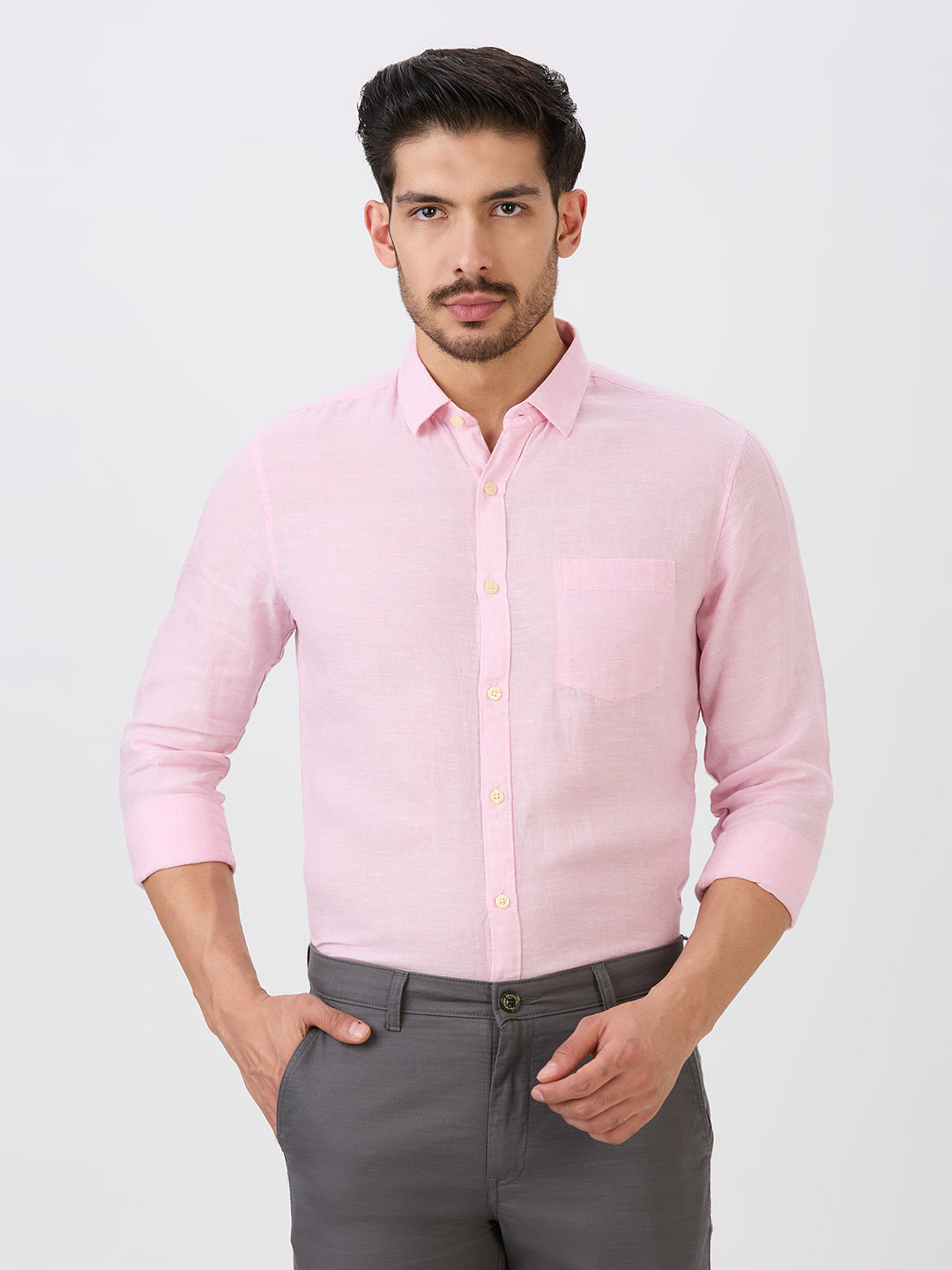 Powder Pink Slim Fit Premium Linen Solid Shirt