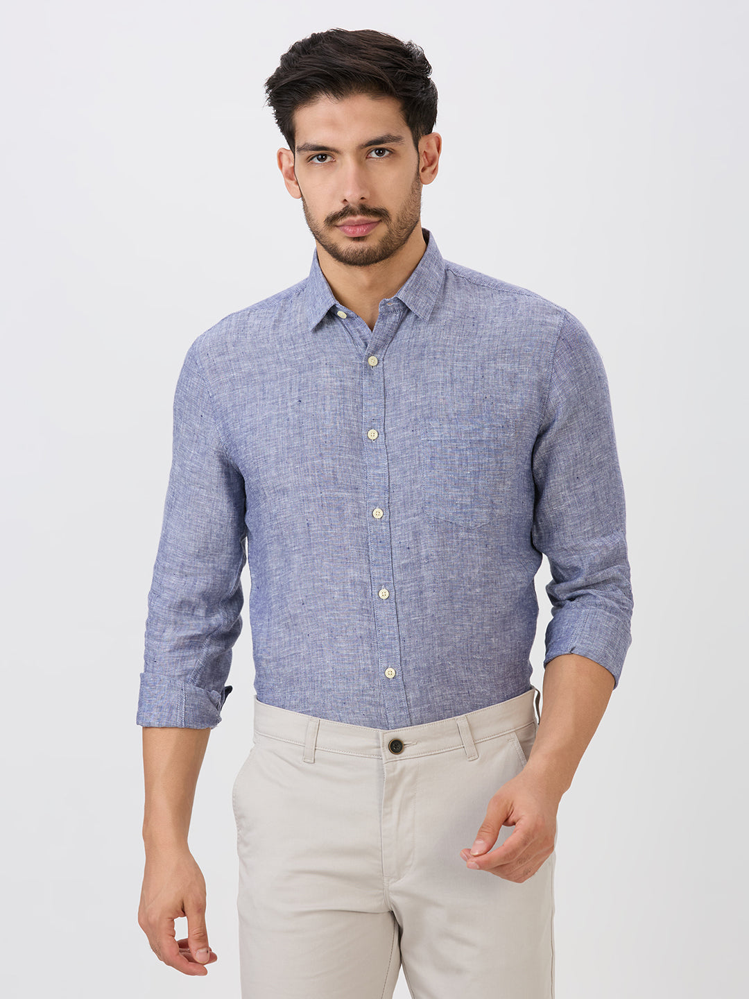 Oxford Blue Slim Fit Premium Linen Solid Shirt