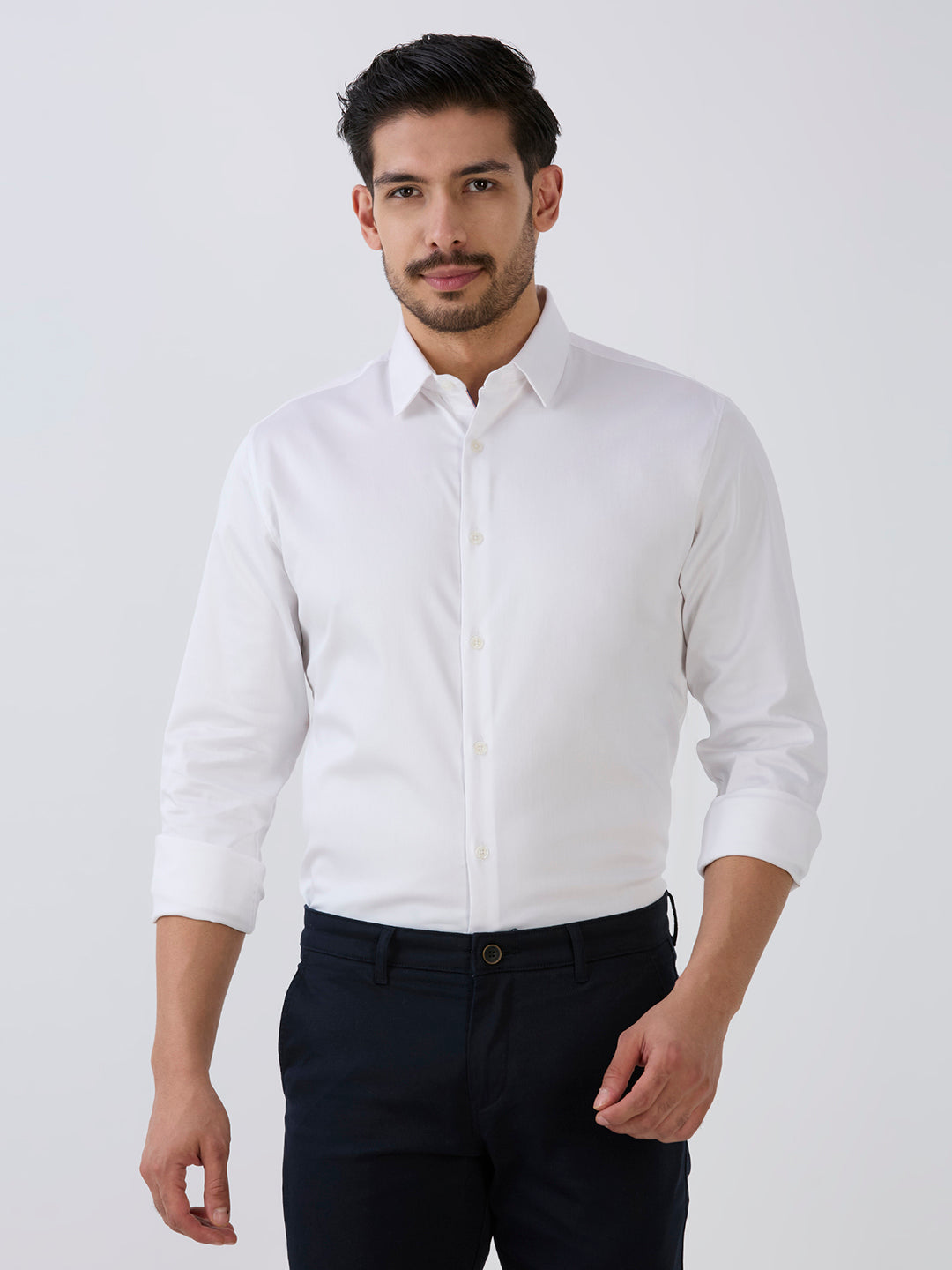 White Slim Fit Premium Cotton Satin Lycra Solid Shirt