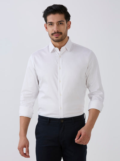 White Slim Fit Premium Cotton Satin Lycra Solid Shirt