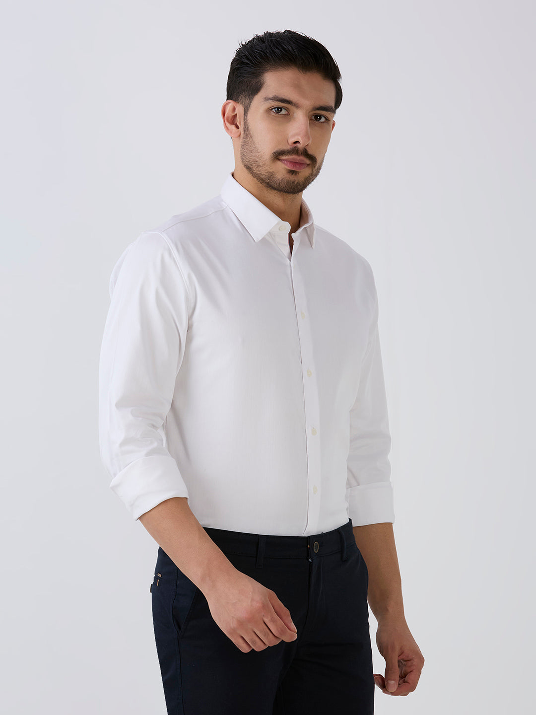 White Slim Fit Premium Cotton Satin Lycra Solid Shirt