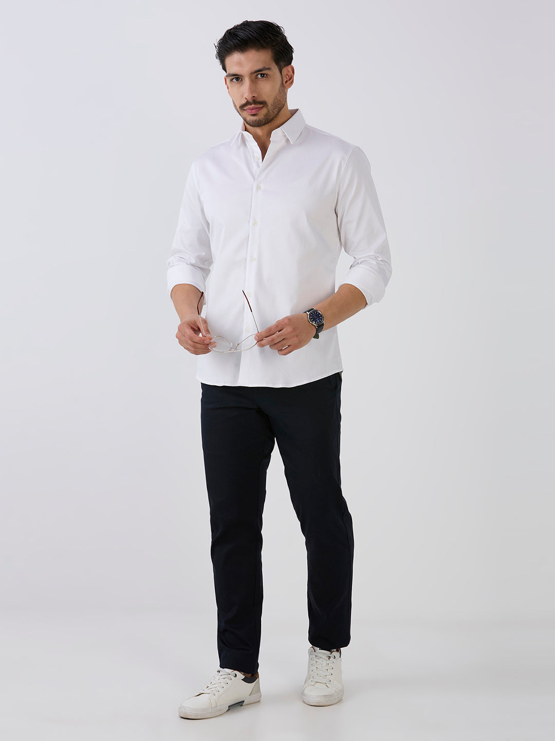 White Slim Fit Premium Cotton Satin Lycra Solid Shirt