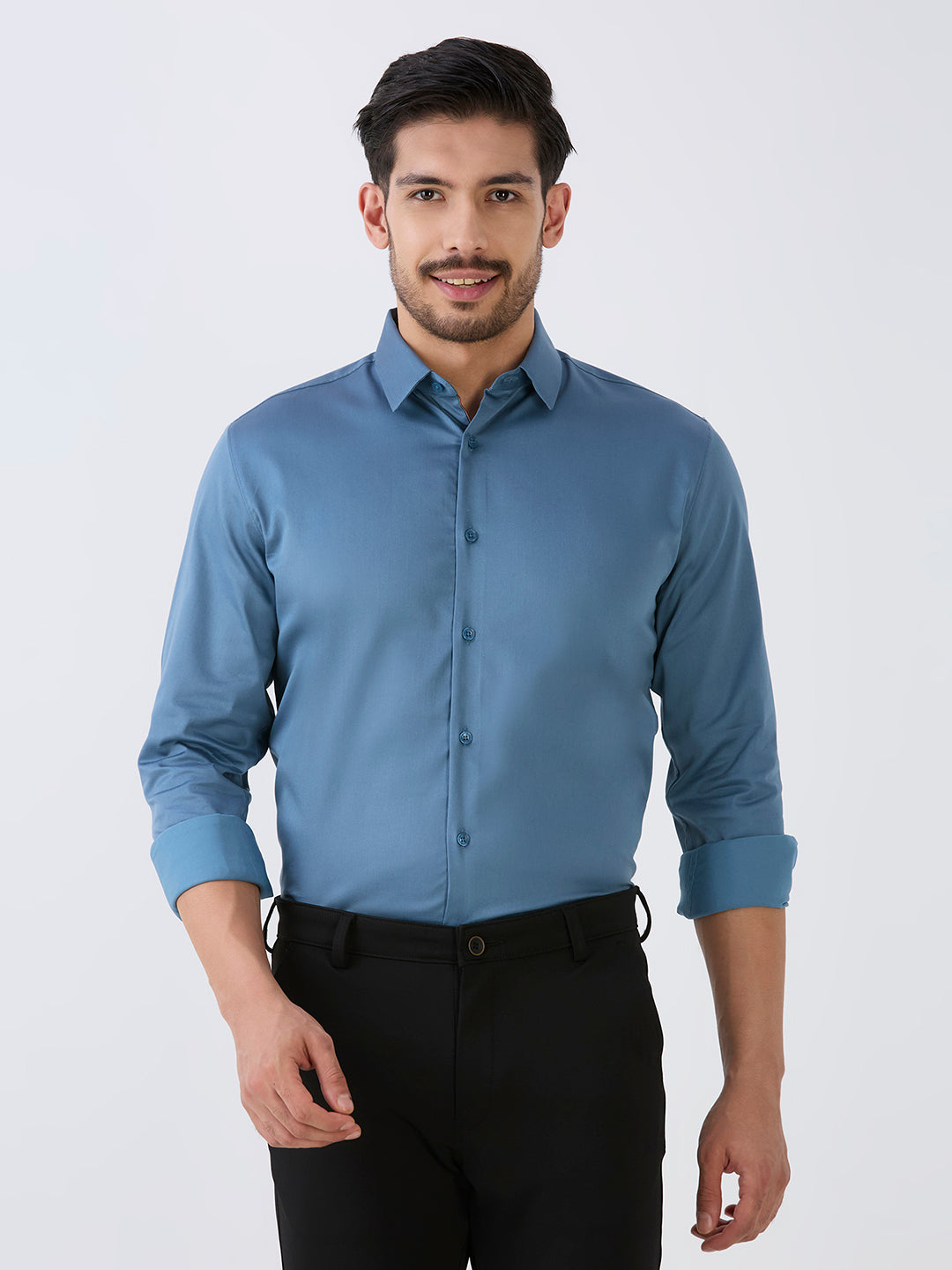 Pearl Blue Slim Fit Premium Cotton Satin Lycra Solid Shirt