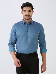 Pearl Blue Slim Fit Premium Cotton Satin Lycra Solid Shirt