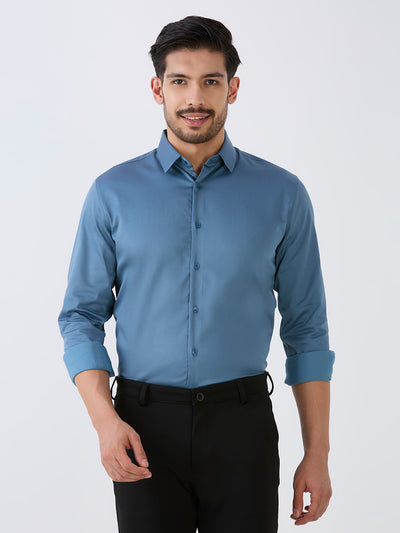 Pearl Blue Slim Fit Premium Cotton Satin Lycra Solid Shirt