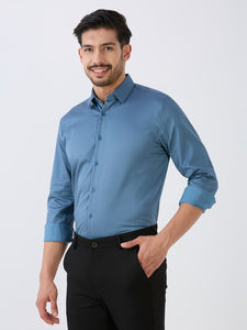 Pearl Blue Slim Fit Premium Cotton Satin Lycra Solid Shirt