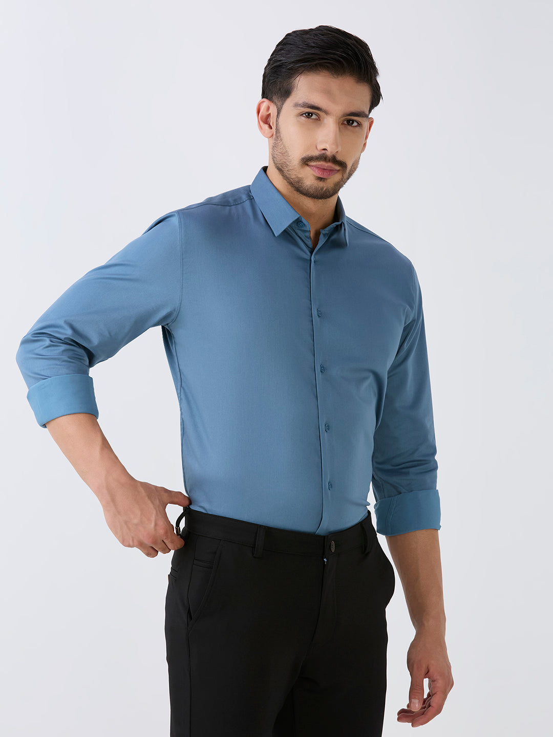 Pearl Blue Slim Fit Premium Cotton Satin Lycra Solid Shirt