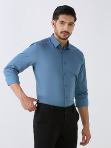 Pearl Blue Slim Fit Premium Cotton Satin Lycra Solid Shirt