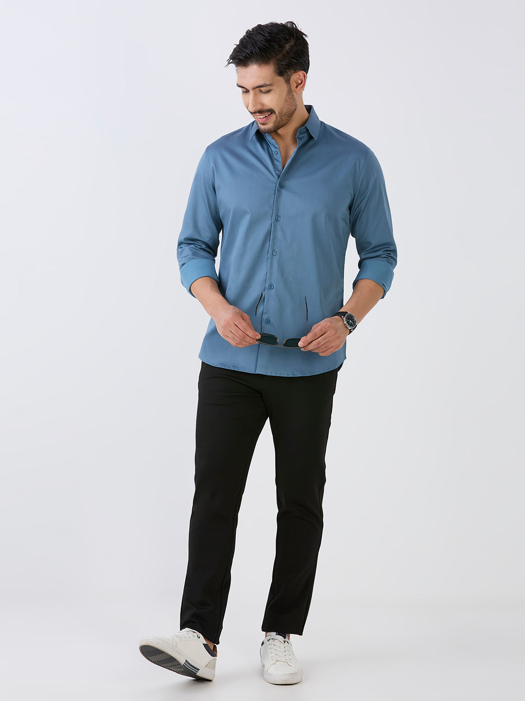 Pearl Blue Slim Fit Premium Cotton Satin Lycra Solid Shirt
