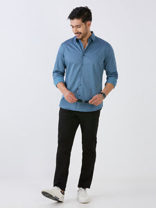Pearl Blue Slim Fit Premium Cotton Satin Lycra Solid Shirt