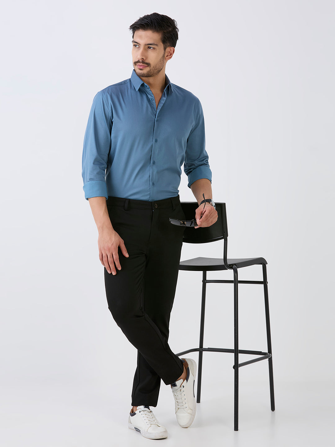 Pearl Blue Slim Fit Premium Cotton Satin Lycra Solid Shirt