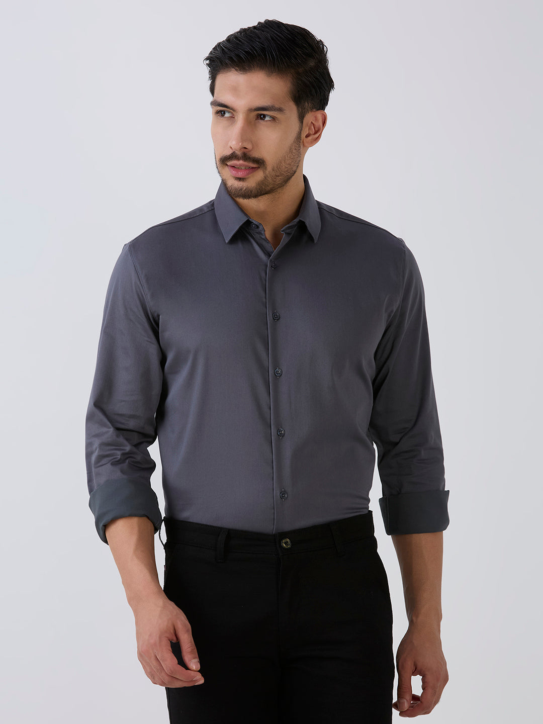 Grey Slim Fit Premium Cotton Satin Lycra Solid Shirt