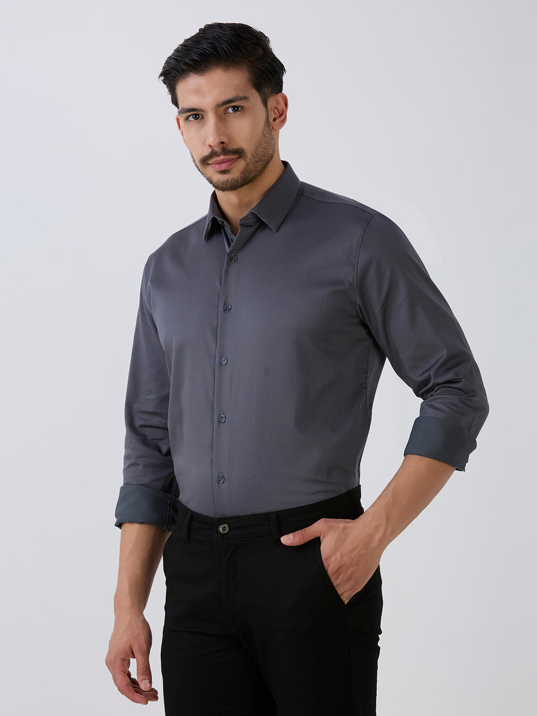 Grey Slim Fit Premium Cotton Satin Lycra Solid Shirt