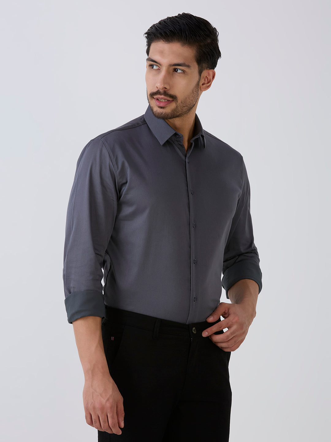 Grey Slim Fit Premium Cotton Satin Lycra Solid Shirt