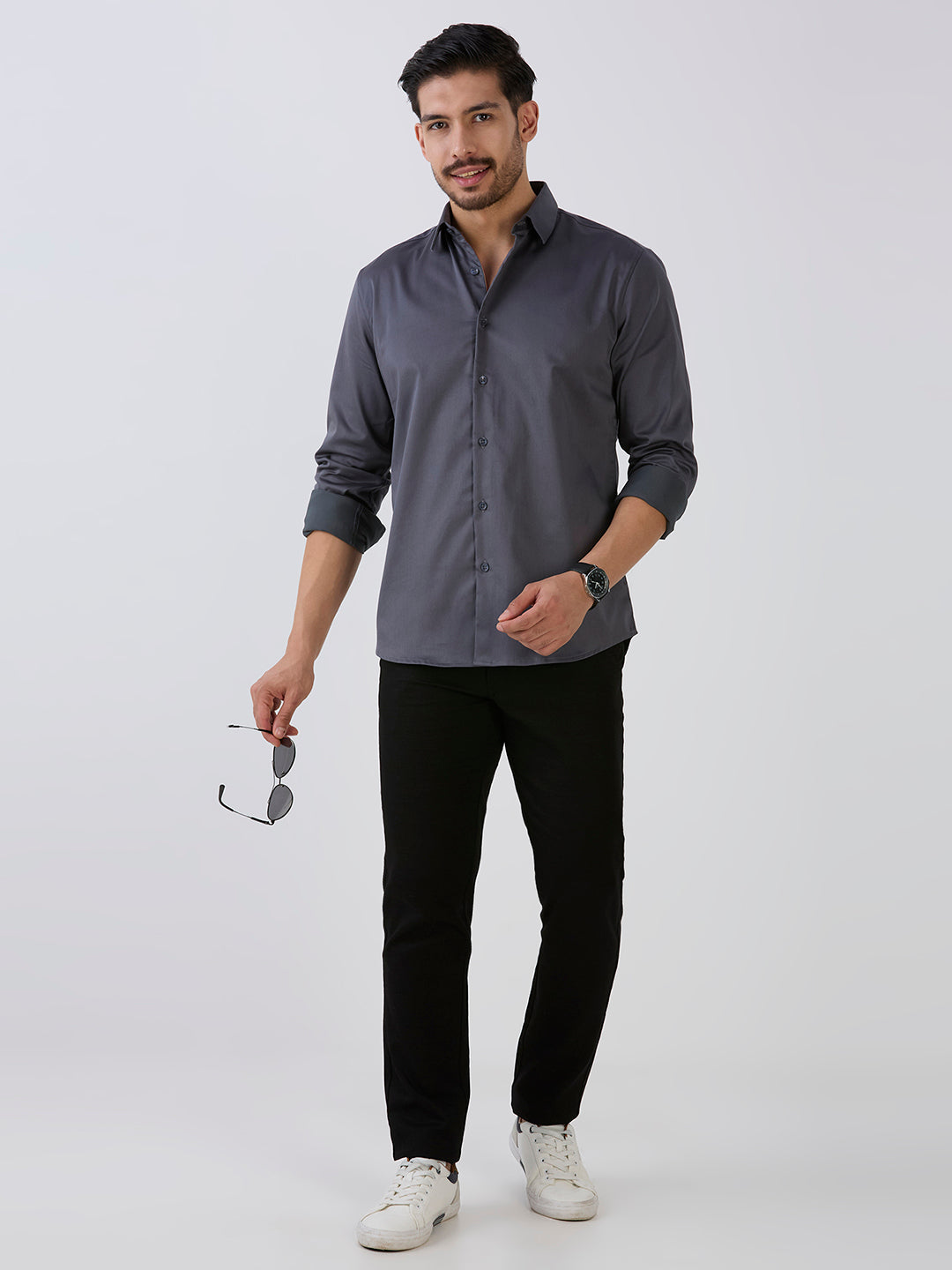 Grey Slim Fit Premium Cotton Satin Lycra Solid Shirt