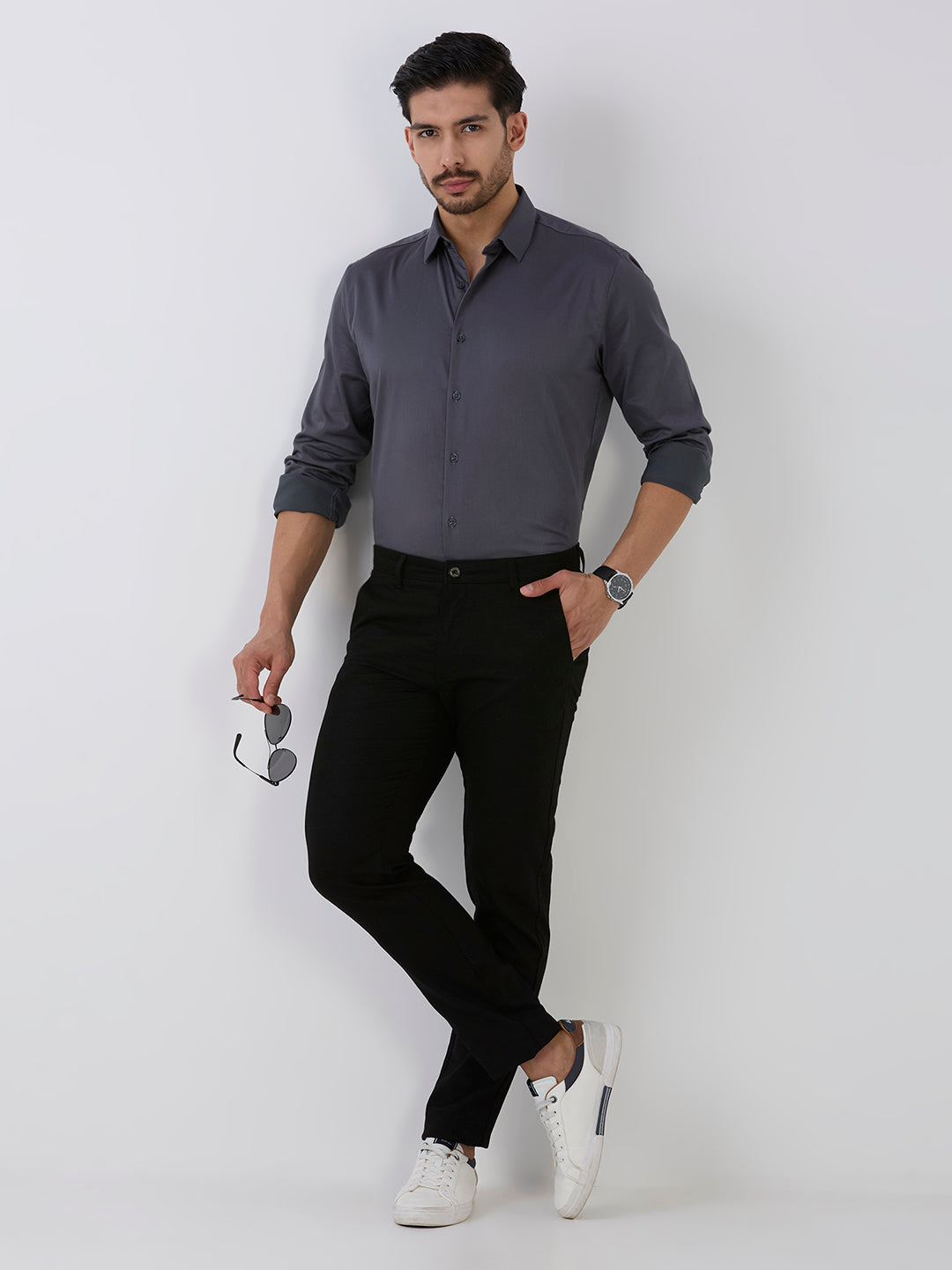 Grey Slim Fit Premium Cotton Satin Lycra Solid Shirt