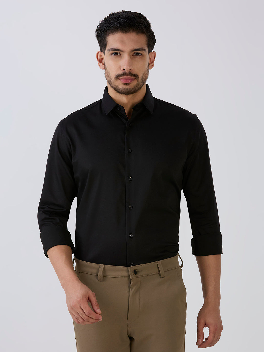 Black Slim Fit Premium Cotton Satin Lycra Solid Shirt
