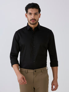 Black Slim Fit Premium Cotton Satin Lycra Solid Shirt