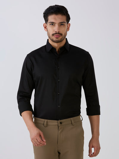 Black Slim Fit Premium Cotton Satin Lycra Solid Shirt