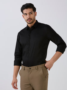 Black Slim Fit Premium Cotton Satin Lycra Solid Shirt