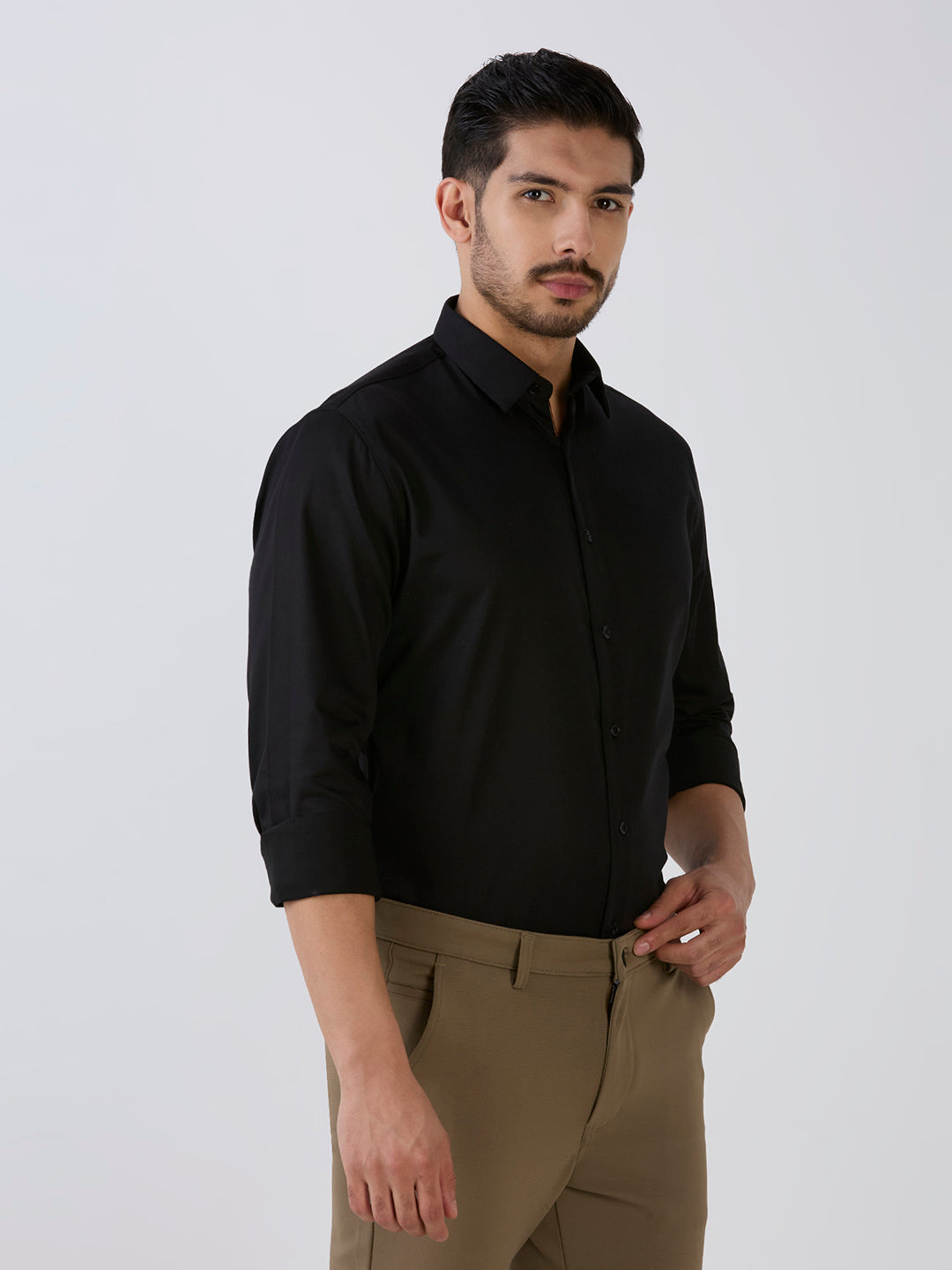 Black Slim Fit Premium Cotton Satin Lycra Solid Shirt