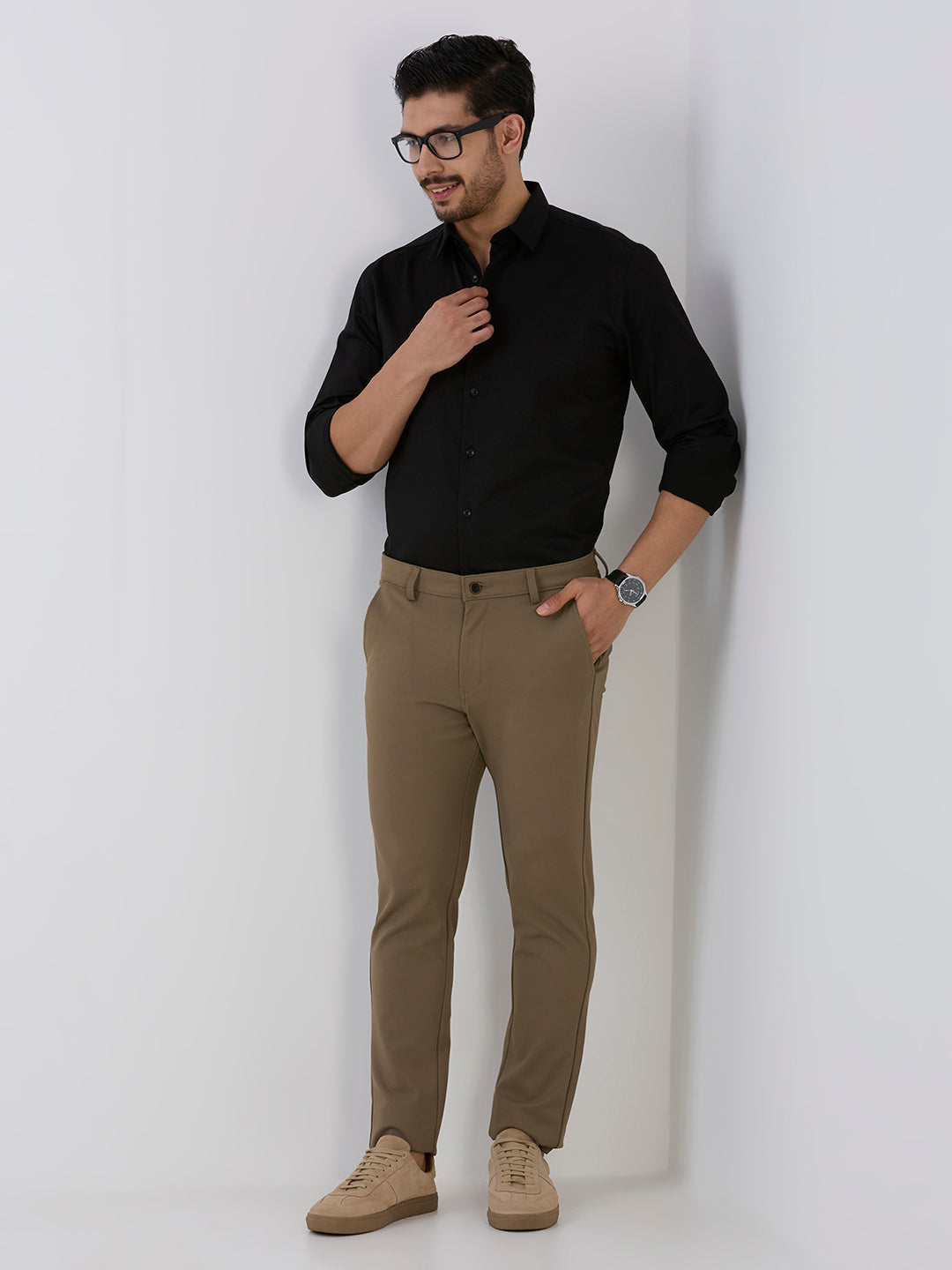 Black Slim Fit Premium Cotton Satin Lycra Solid Shirt