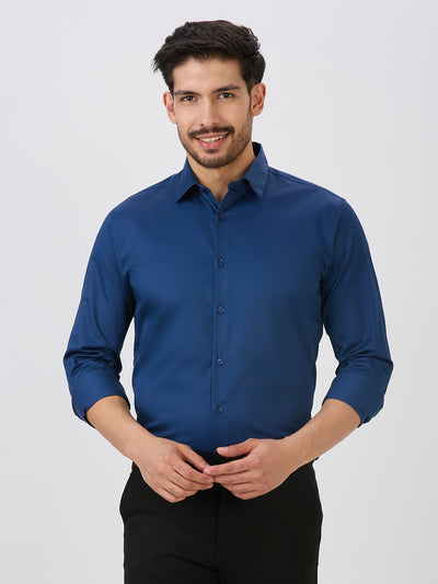 Ink Blue Slim Fit Premium Cotton Satin Solid Shirt