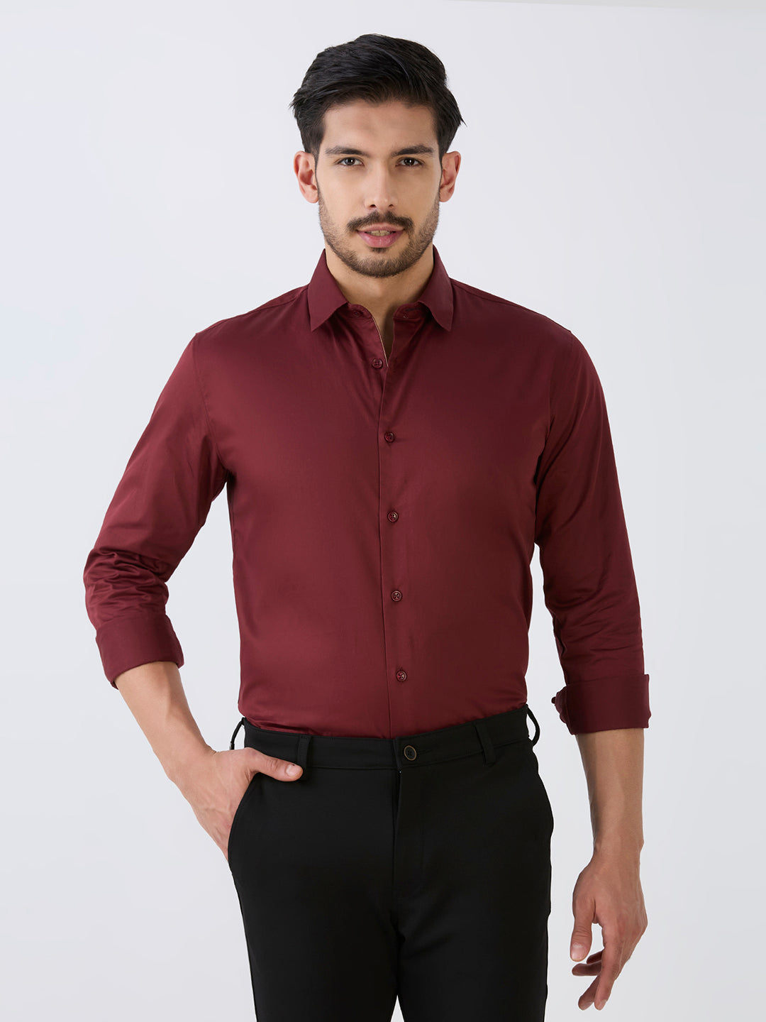 Maroon Slim Fit Premium Cotton Satin Solid Shirt