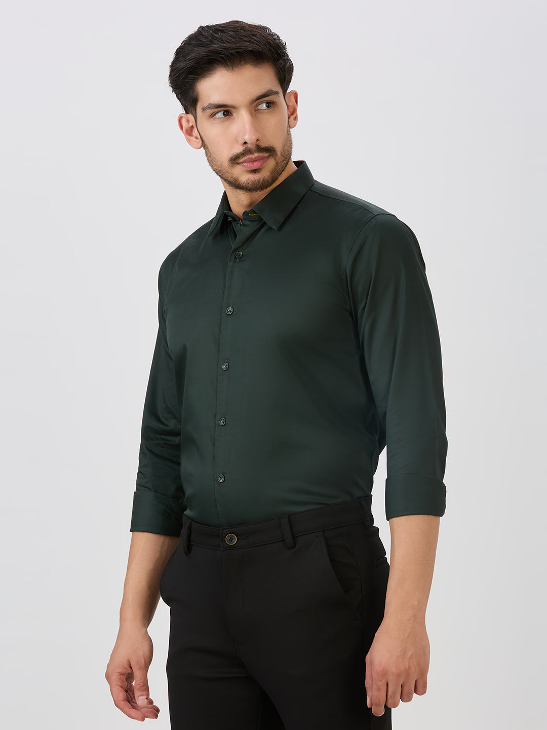 Bottle Green Slim Fit Premium Cotton Satin Solid Shirt