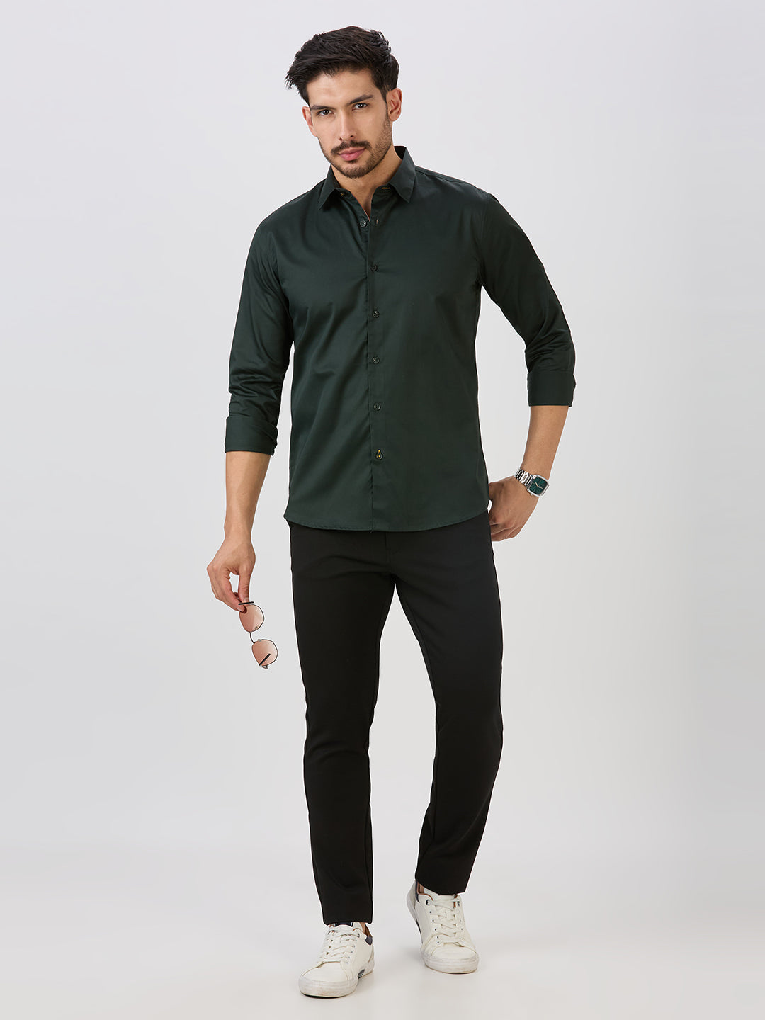 Bottle Green Slim Fit Premium Cotton Satin Solid Shirt