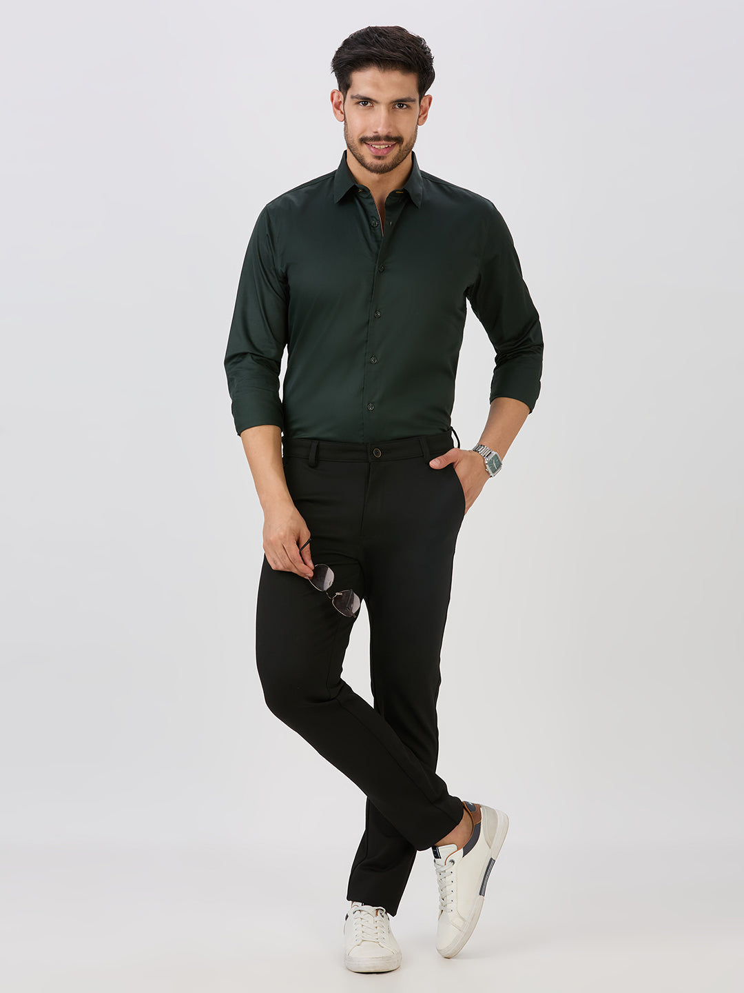 Bottle Green Slim Fit Premium Cotton Satin Solid Shirt