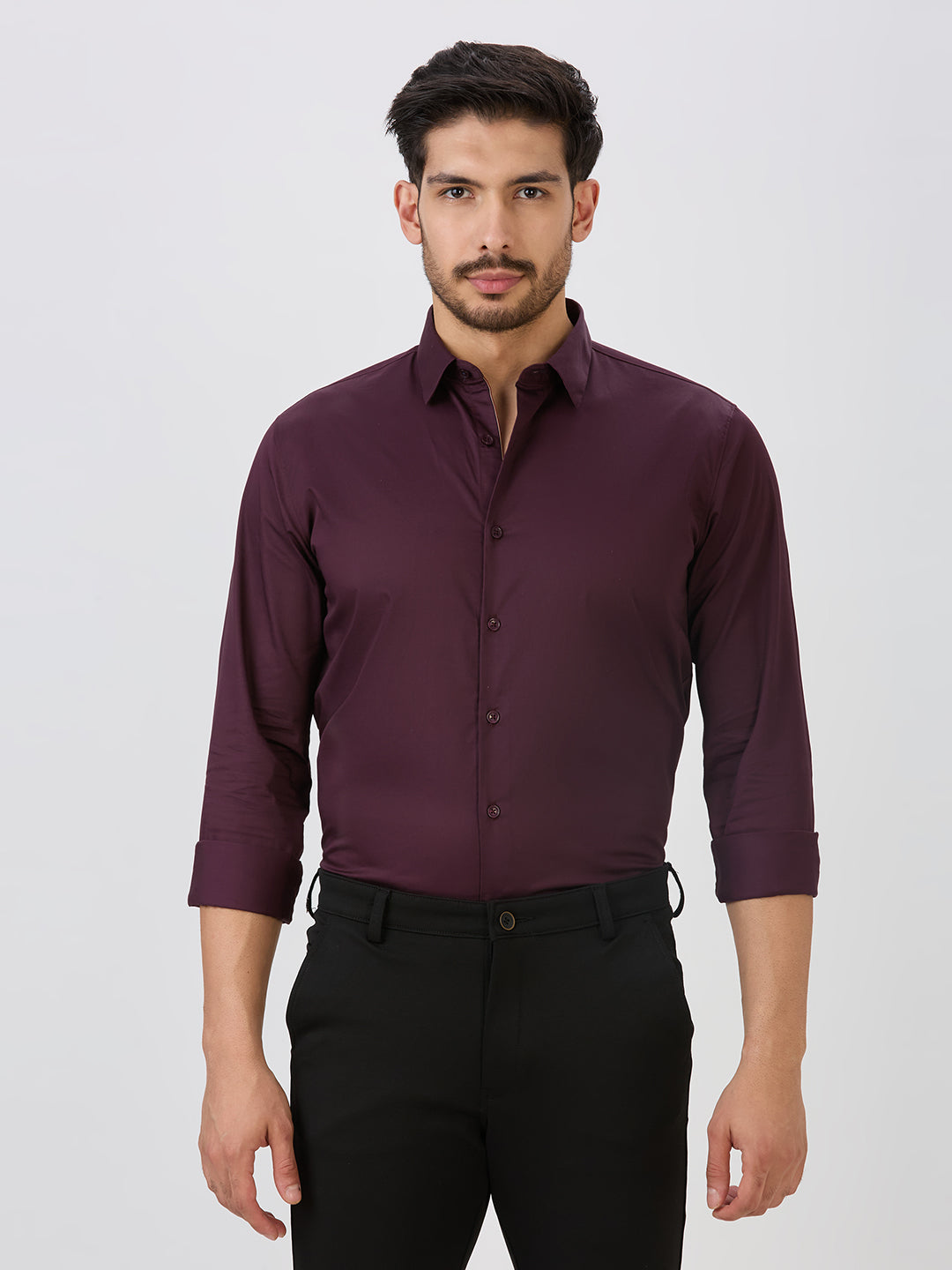 Wine Slim Fit Premium Cotton Satin Solid Shirt