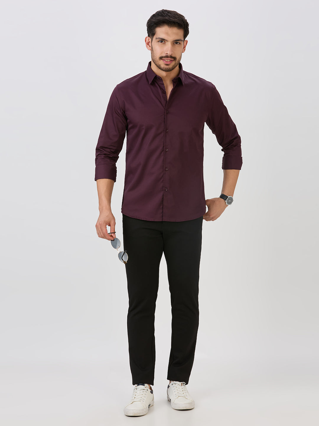 Wine Slim Fit Premium Cotton Satin Solid Shirt