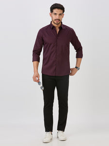 Wine Slim Fit Premium Cotton Satin Solid Shirt