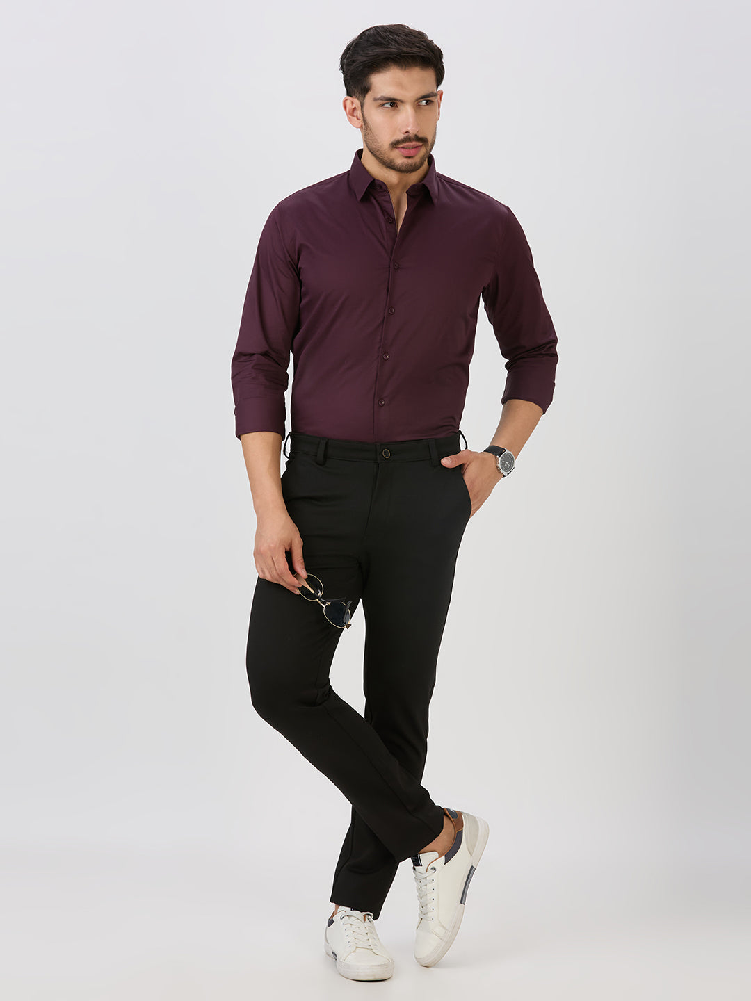 Wine Slim Fit Premium Cotton Satin Solid Shirt