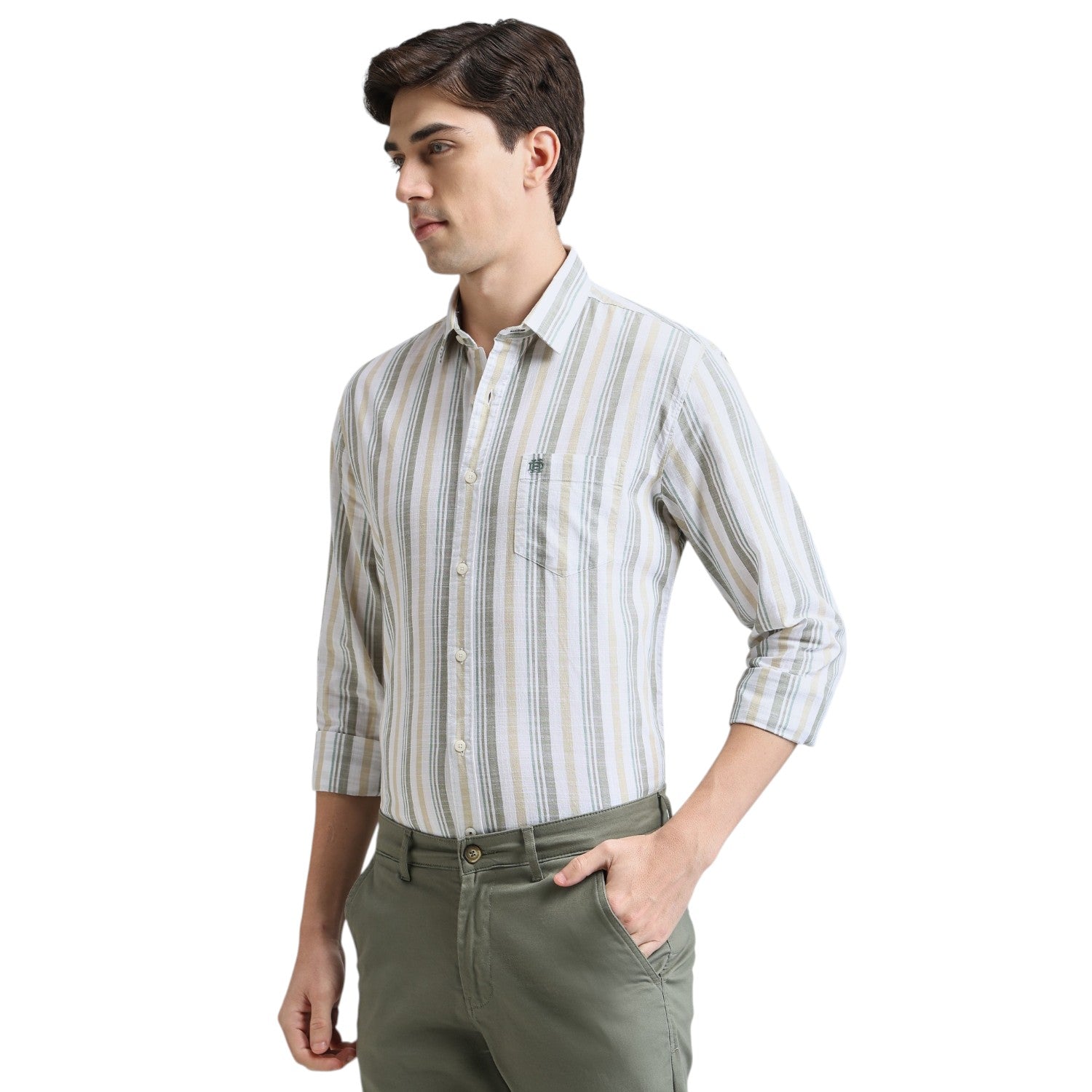 Olive Premium Cotton Slim Fit Stripe Shirt