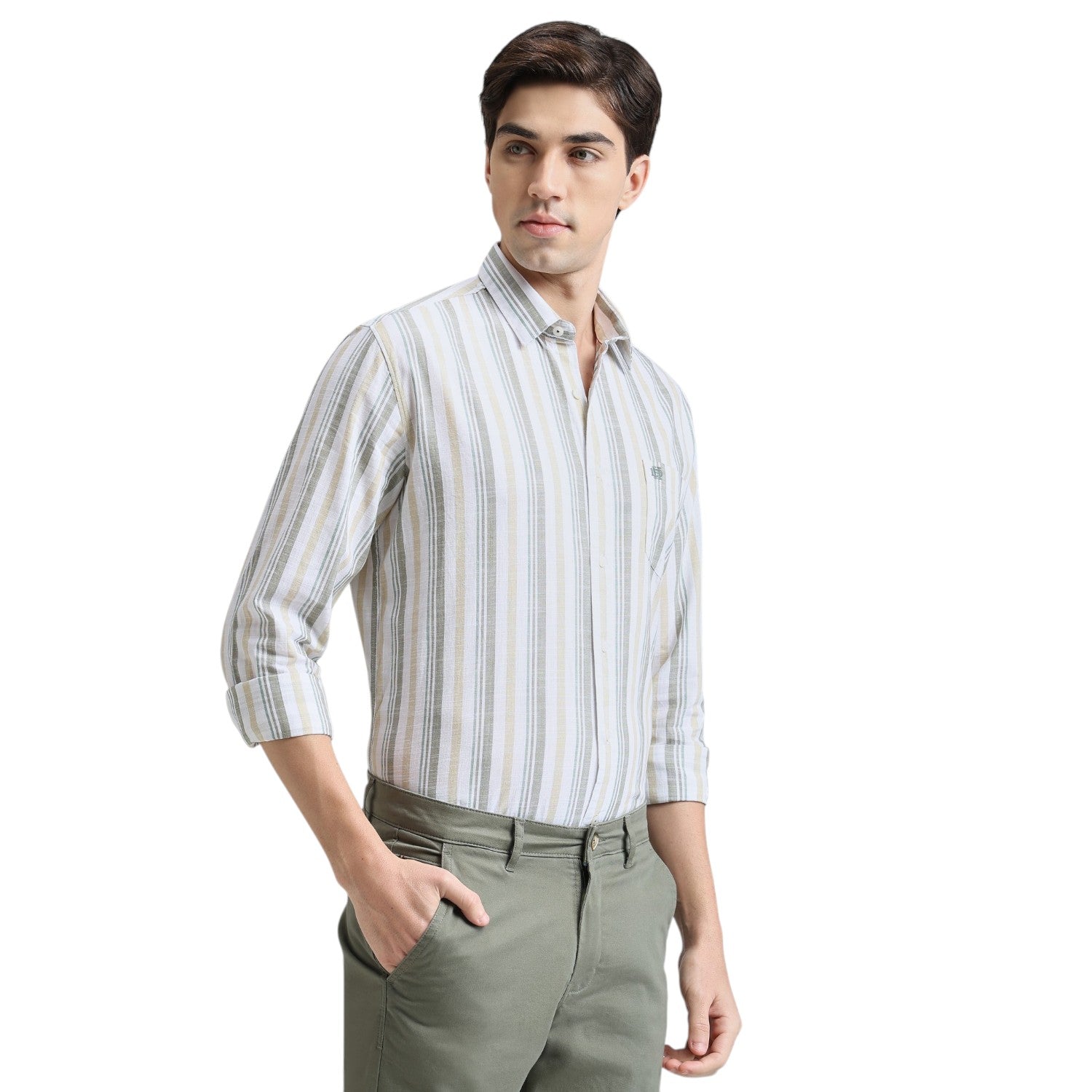 Olive Premium Cotton Slim Fit Stripe Shirt
