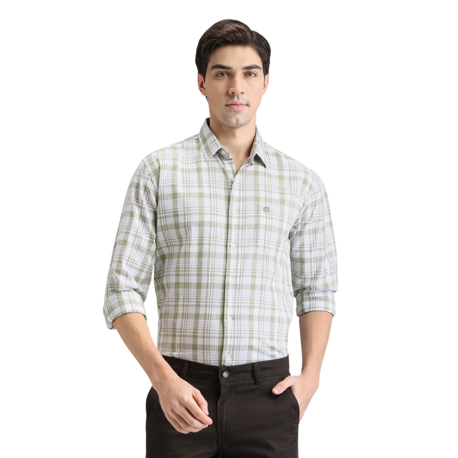 Green Tea Premium Cotton Slim Fit Checks Shirt