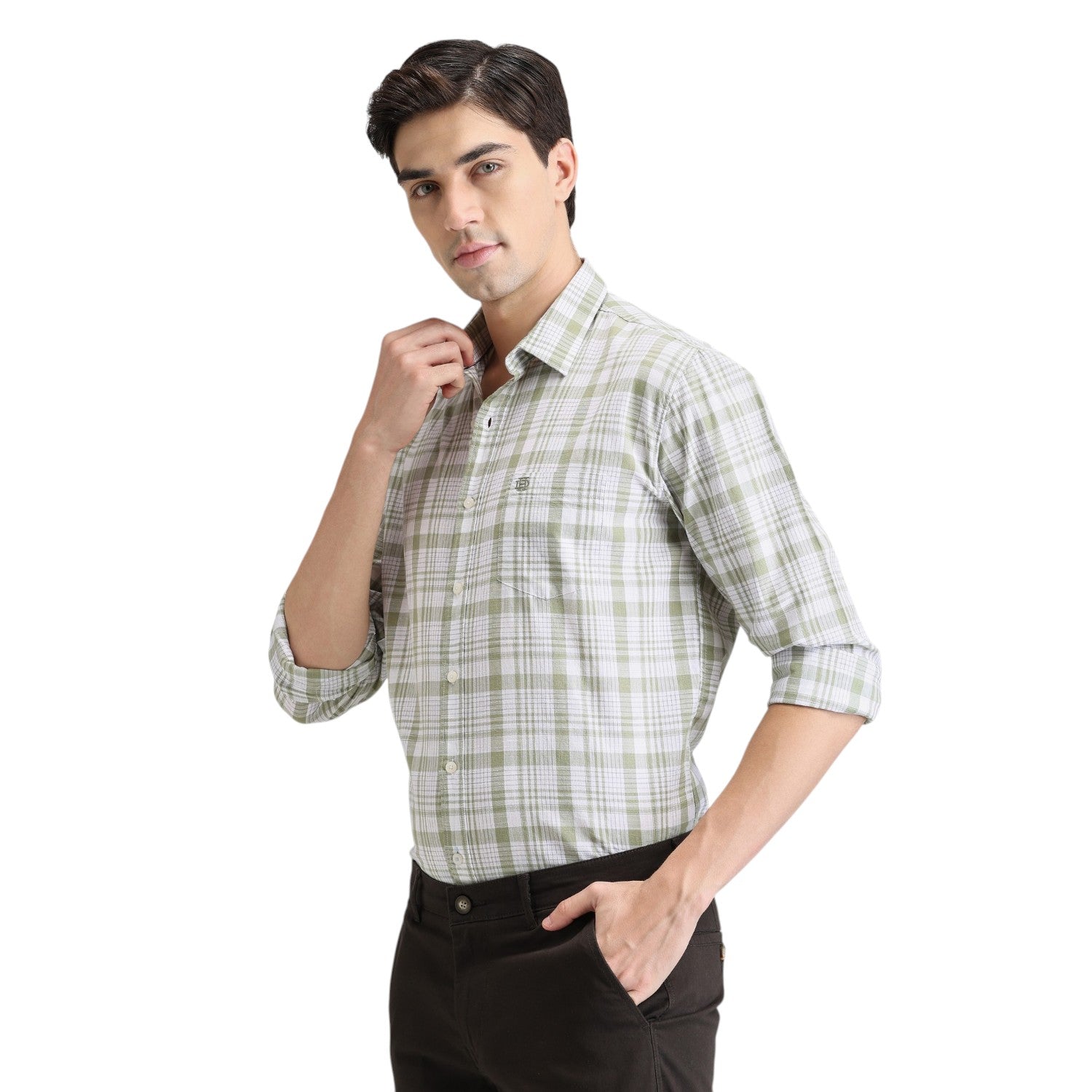 Green Tea Premium Cotton Slim Fit Checks Shirt