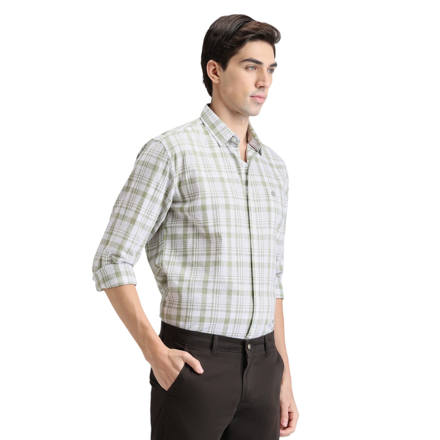 Green Tea Premium Cotton Slim Fit Checks Shirt