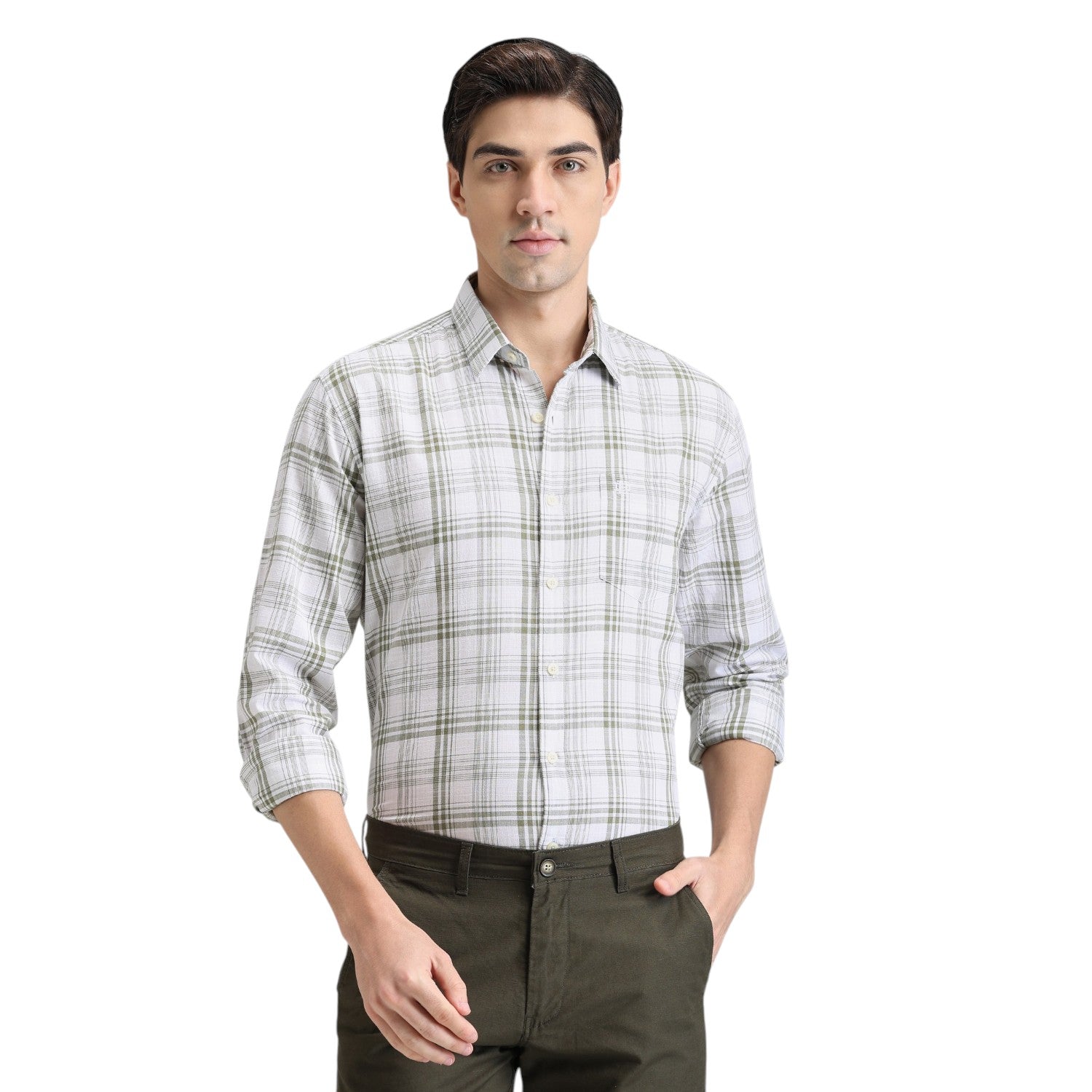 Olive Premium Cotton Slim Fit Checks Shirt