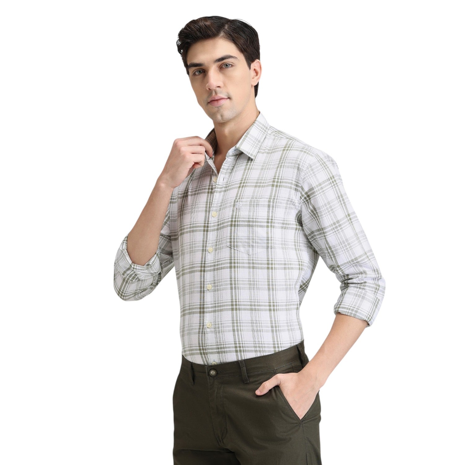 Olive Premium Cotton Slim Fit Checks Shirt