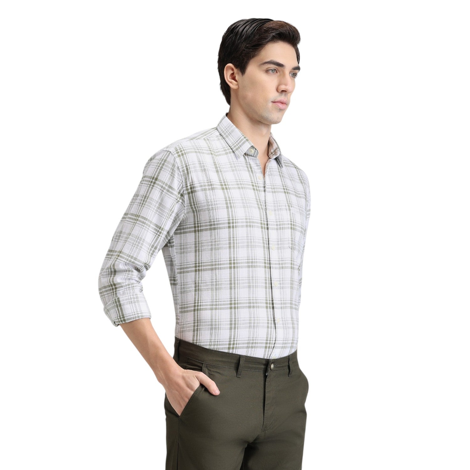 Olive Premium Cotton Slim Fit Checks Shirt