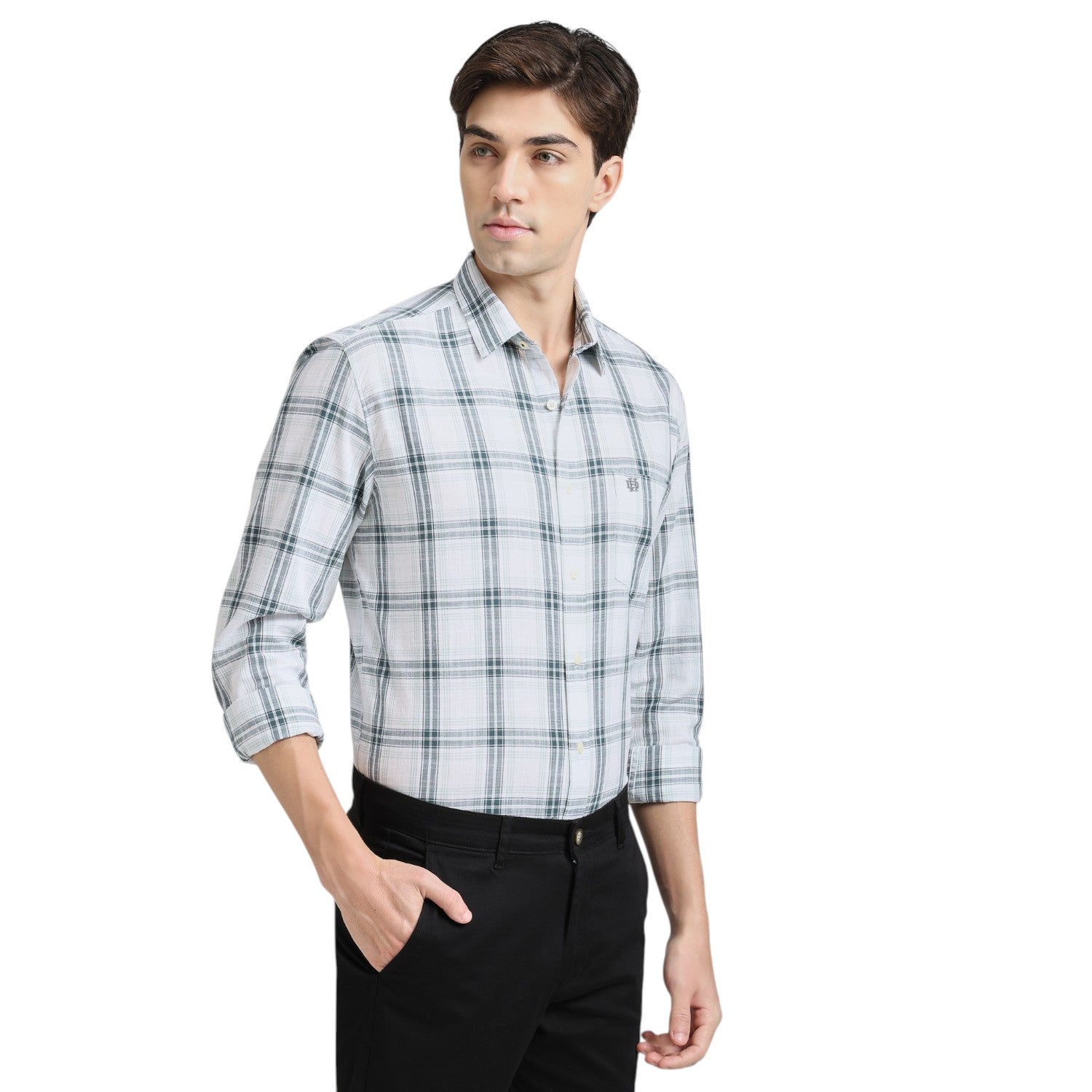 Petrol Blue Premium Cotton Slim Fit Checks Shirt