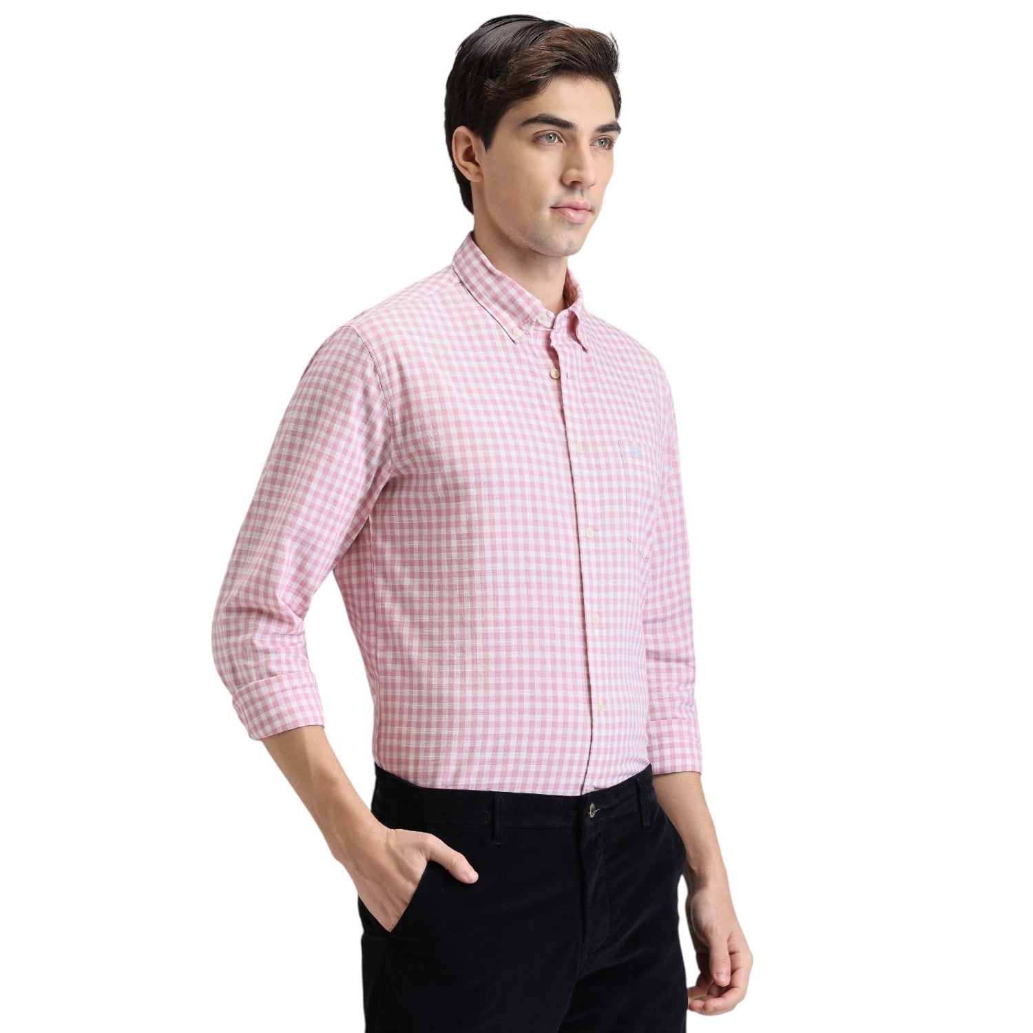 Pink Premium Cotton Slim Fit Checks Shirt
