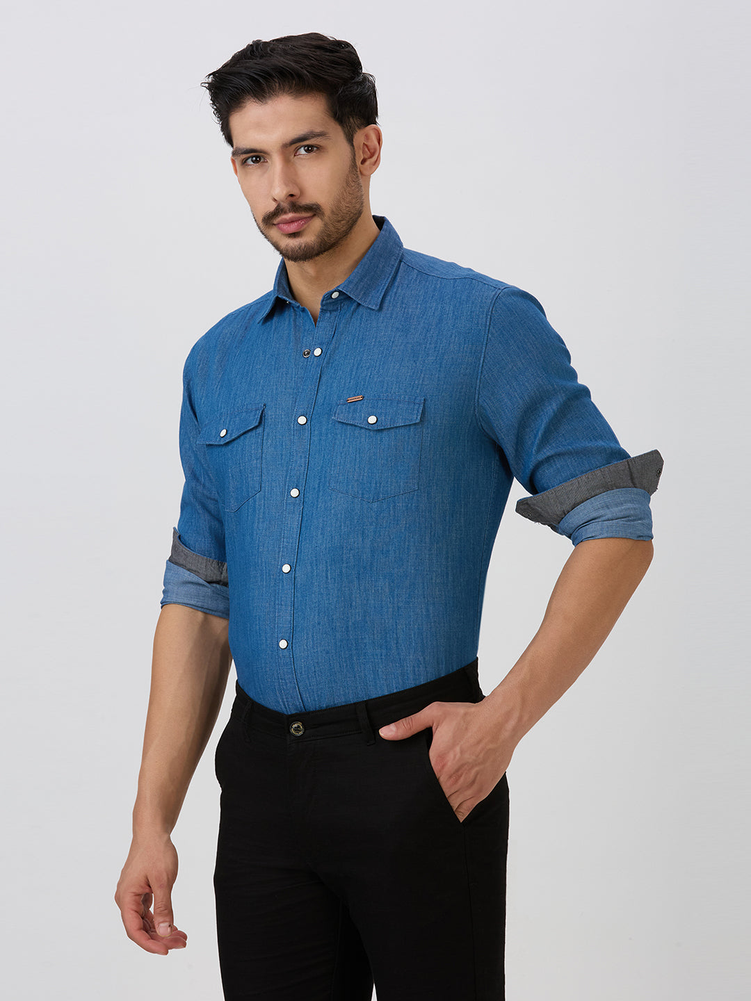 Light Blue Slim Fit Premium Cotton Solid Shirt