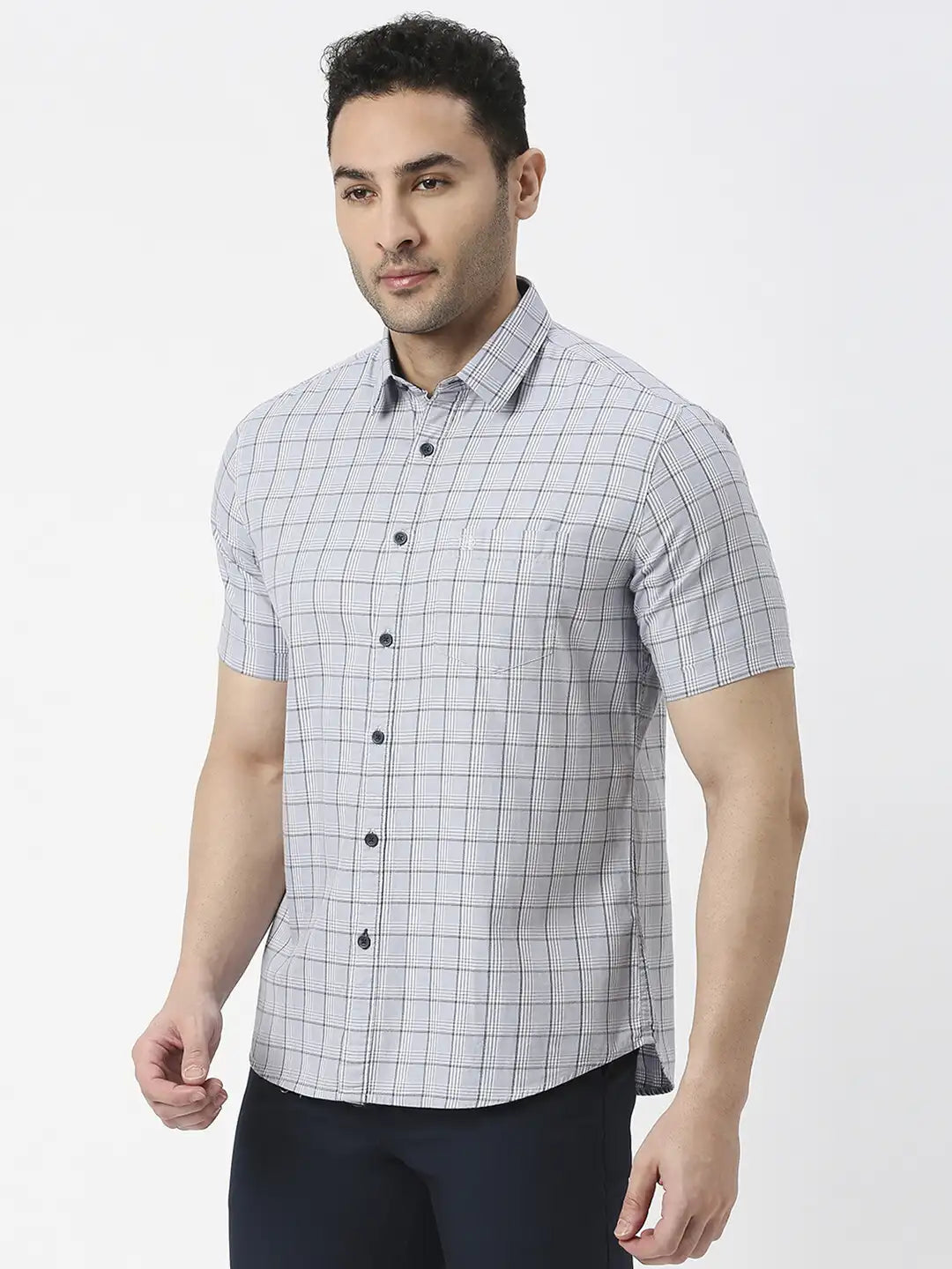 Light Grey Half Sleeves Twill Checked Shirt With Pocket
