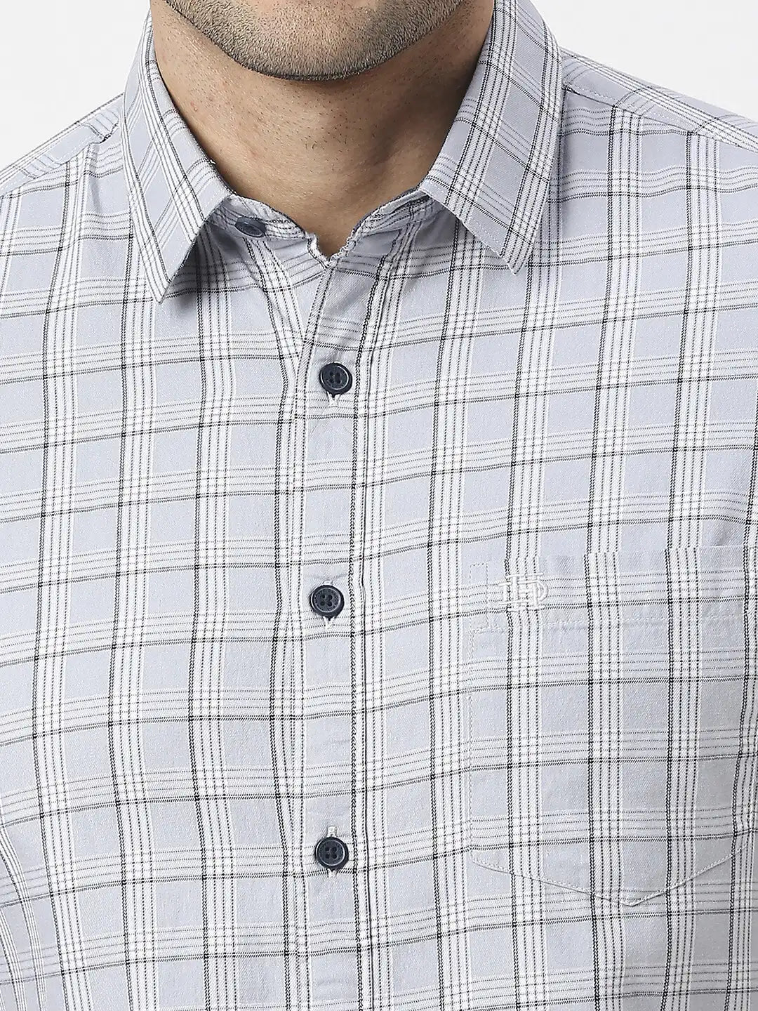 Light Grey Half Sleeves Twill Checked Shirt With Pocket