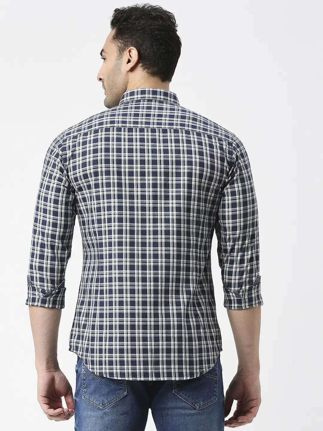 Navy Premium Cotton Fine Twill Checked Shirt